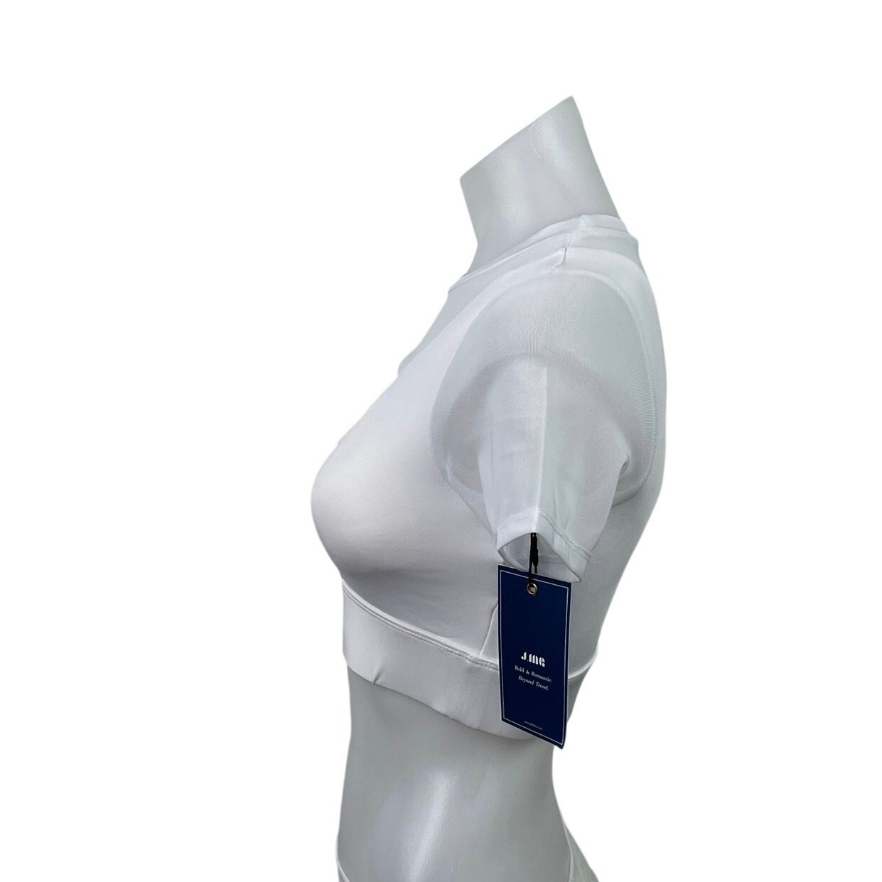 New J. Ing Women's White Short Sleeve Cutout Mesh Crew Neck Crop Top Size Xs — image 2 of 4